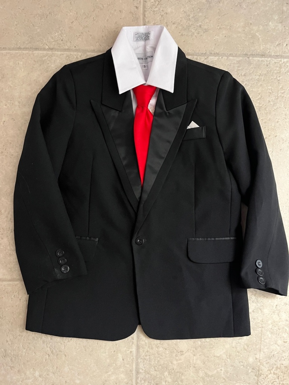 Boys' Black Tuxedo Jacket with Red Tie and White Shirt